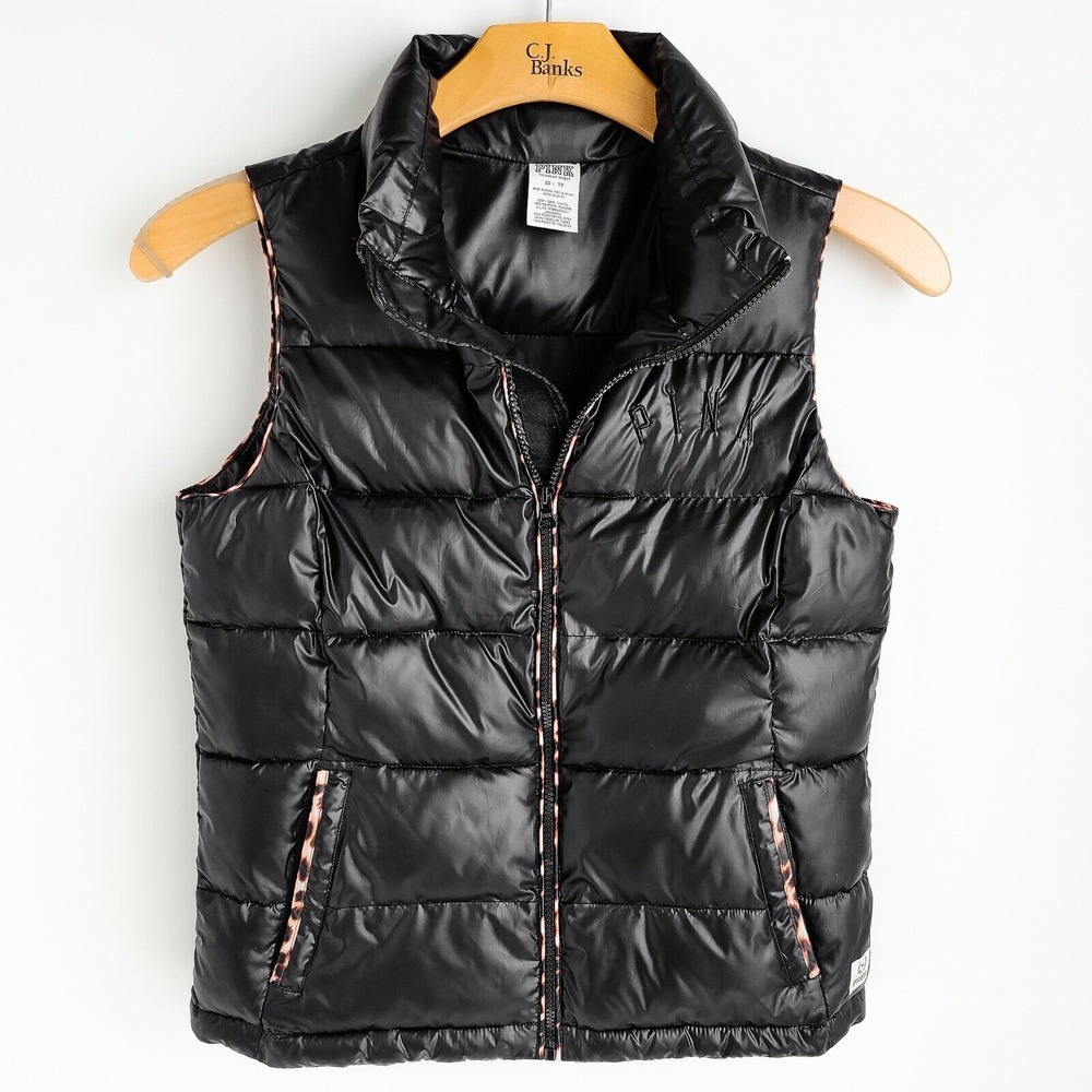 Victoria's Secret PINK Puffer Vest Womens XS Black Leopard Print Trim Front Zip